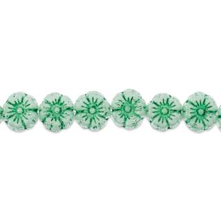 John Bead Czech Pressed Glass Flower Bead Strand - Green on White, 9 mm