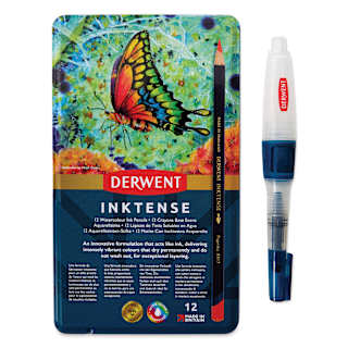 Derwent Inktense Pencil Set - BLICK Exclusive Set of 12 with Waterbrush, Assorted Colors