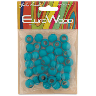 John Bead Euro Wood Beads - Turquoise, Round Large Hole, 12 mm x 9.8 mm, Pkg of 40
