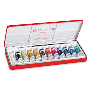 Caran d'Ache Studio Gouache - Set of 12 with Brush, Assorted Colors, 10 ml Tubes