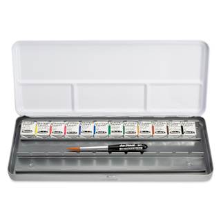 Schmincke Akademie Aquarell Watercolor Pans - Set of 12 with Brush, Metal Case, Assorted Colors, Half Pans