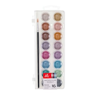 Hello Artist Watercolor Cakes with Brush, Metallic Set of 16