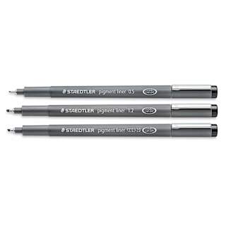 Staedtler Pigment Liner Pens - Set of 3, Black, Chisel and Fine Tip, Assorted Sizes
