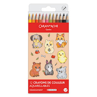 Caran d'Ache Swisscolor Aquarelle Colored Pencils - Set of 12, Kawaii Cute Animals