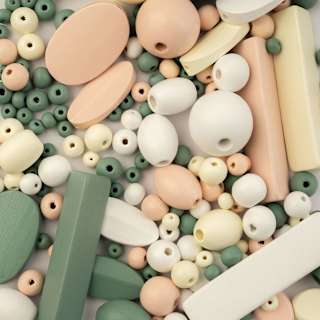 John Bead Wood Craft Beads - White, Cream, Light Peach, and Green, 90 g Bag