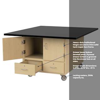 Hann Art and Printmaking Workstation - Black Laminate Top, 2-Doors. 2 Drawers, with Casters