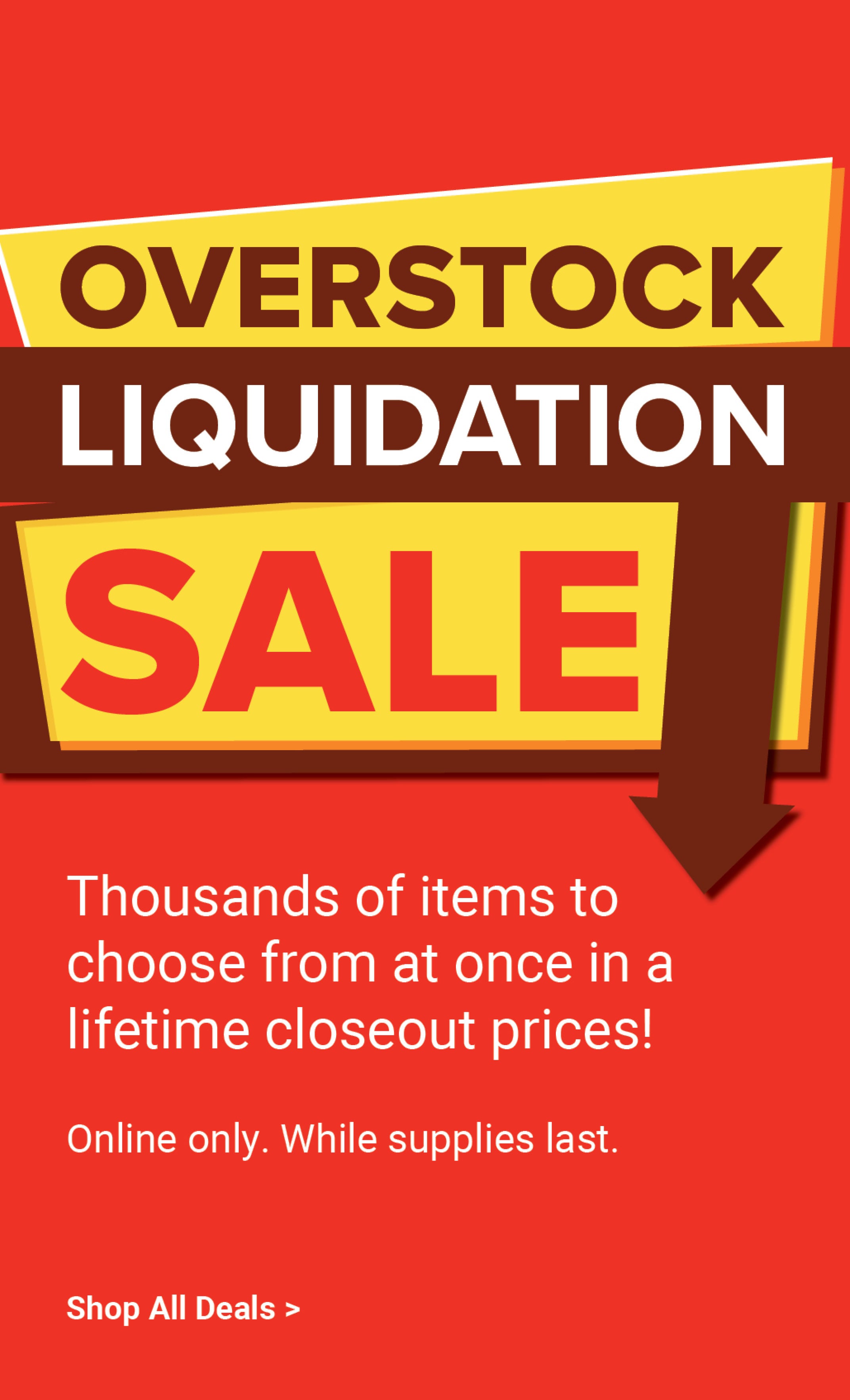 Overstock liquidation sale. Thousands of items to choose from at once in a lifetime closeout prices! Online only. While supplies last. Shop liquidation sale deals.