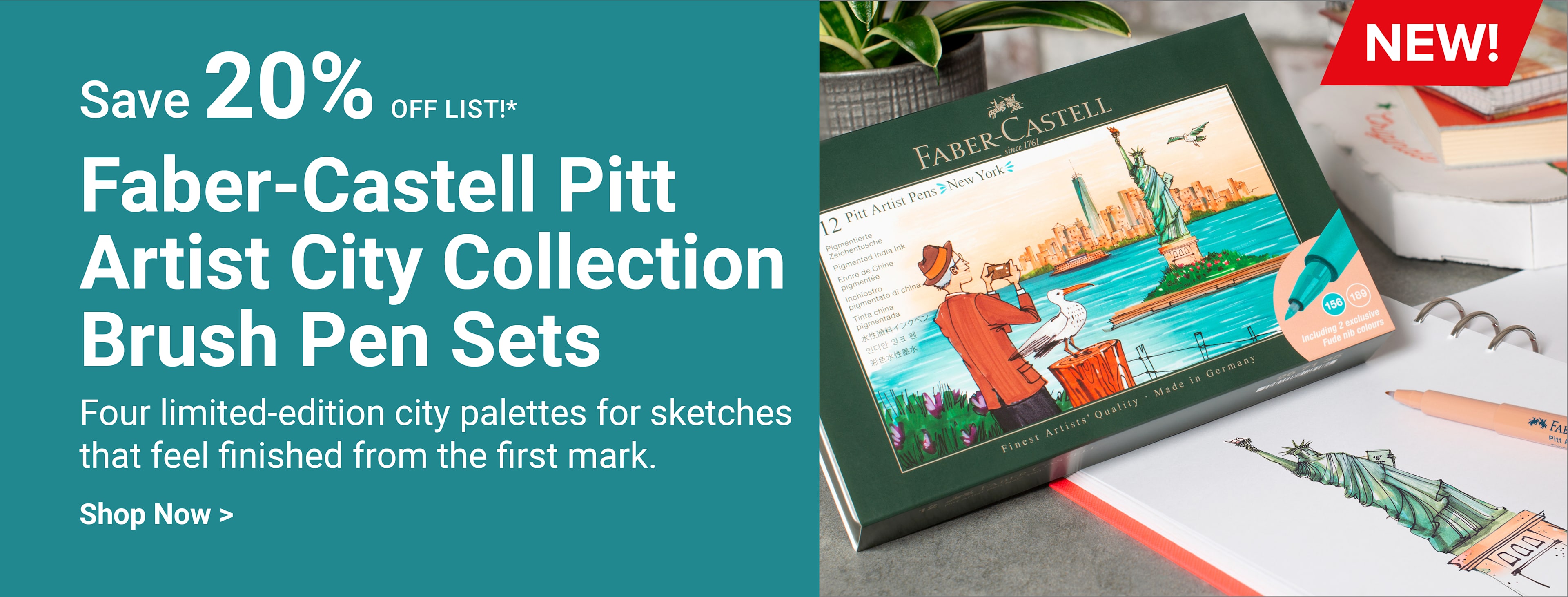 Save 20% off list! New! Faber-Castell Pitt Artist City Collection Brush Pen Sets. Four limited-edition city palettes for sketches that feel finished from the first mark. Shop now.