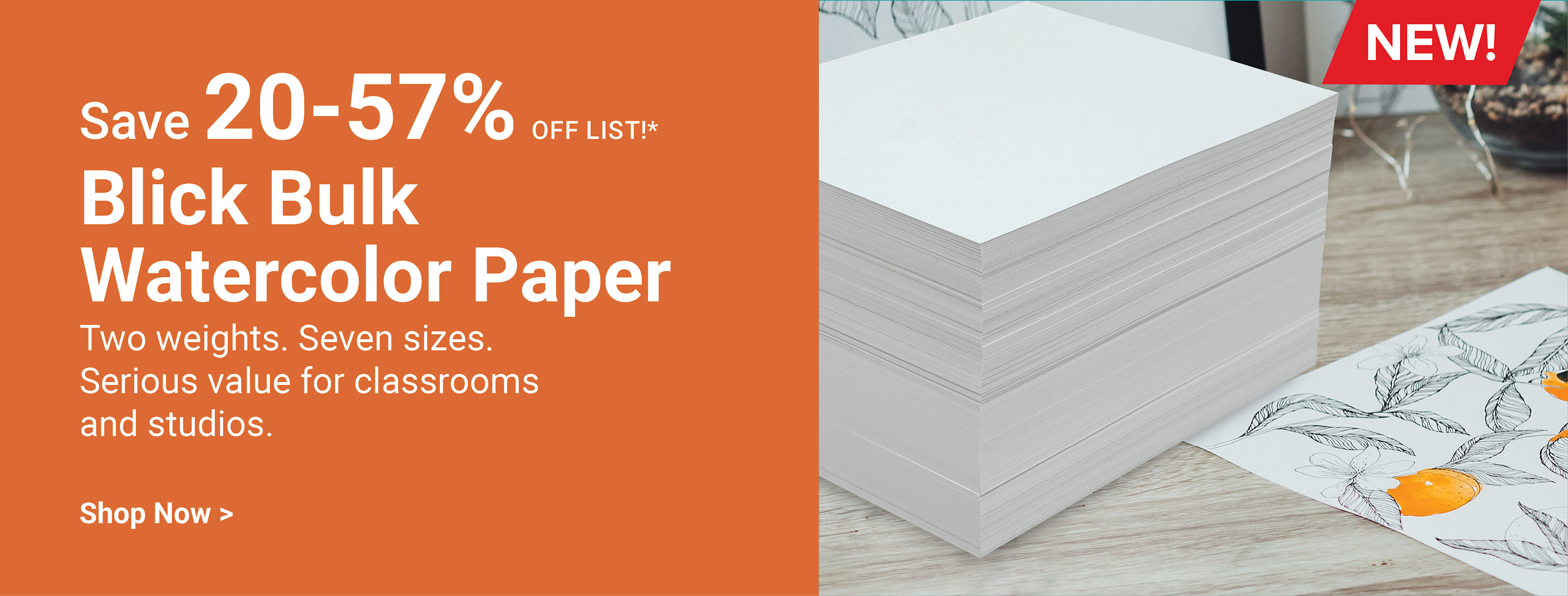 SAVE 20-57% OFF LIST! New! Blick Bulk Watercolor Paper. Two weights. Seven sizes. Serious value for classrooms and studios. Shop now.