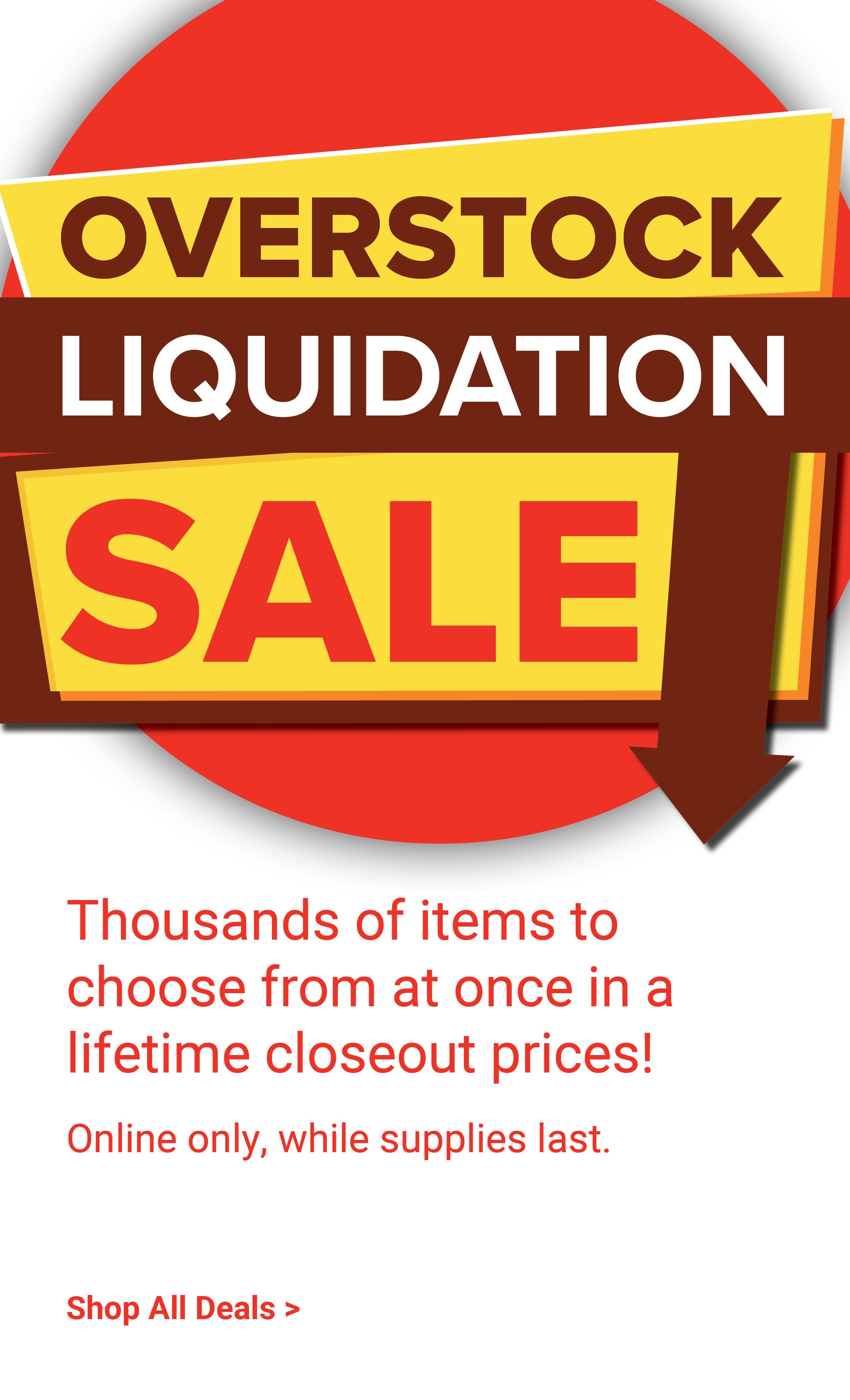Overstock liquidation sale. Thousands of items to choose from at once in a lifetime closeout prices! Online only. While supplies last. Shop liquidation sale deals.