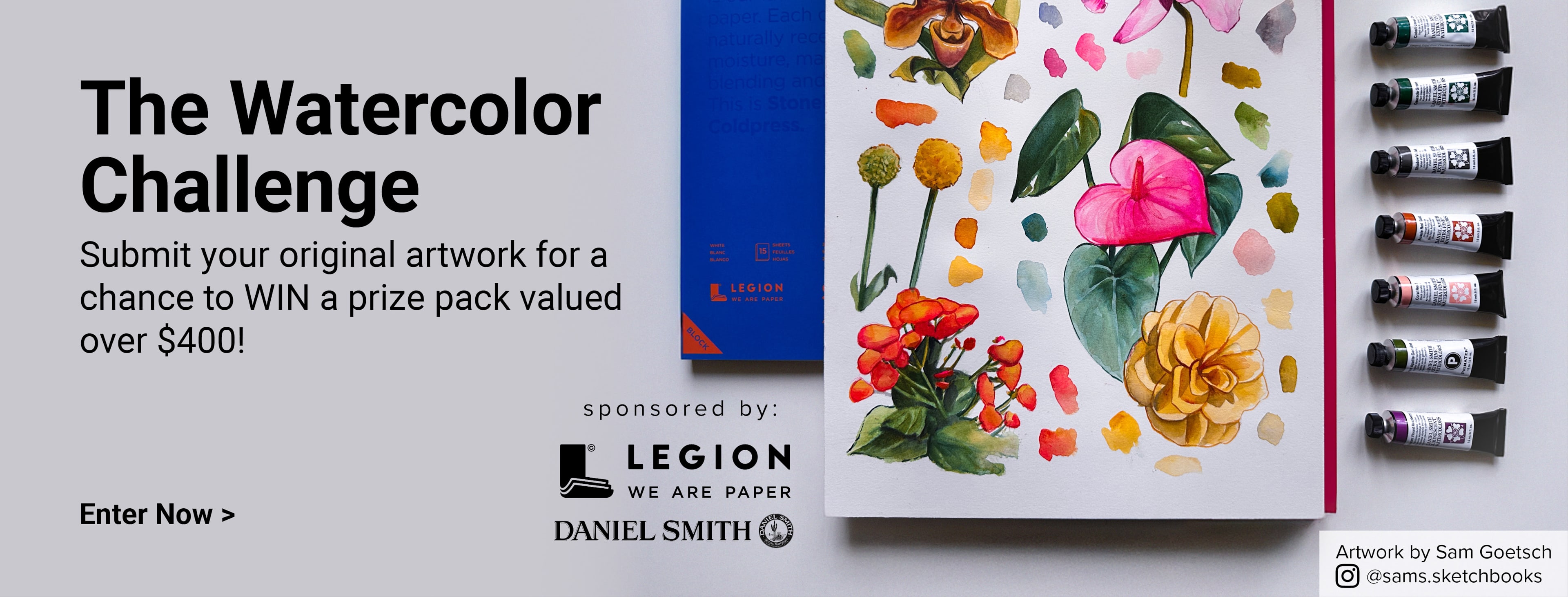 The Watercolor Challenge. Submit your original artwork for a chance to win a prize pack valued over $400! Artwork by Sam Goetsch @sams.sketchbooks. Enter now.