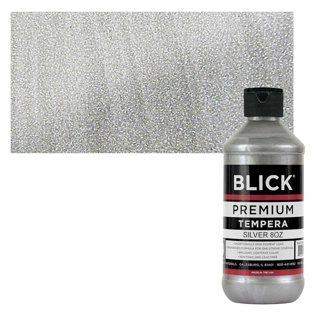 Open in modal - Blick Premium Grade Tempera - Silver, 8 oz bottle and swatch