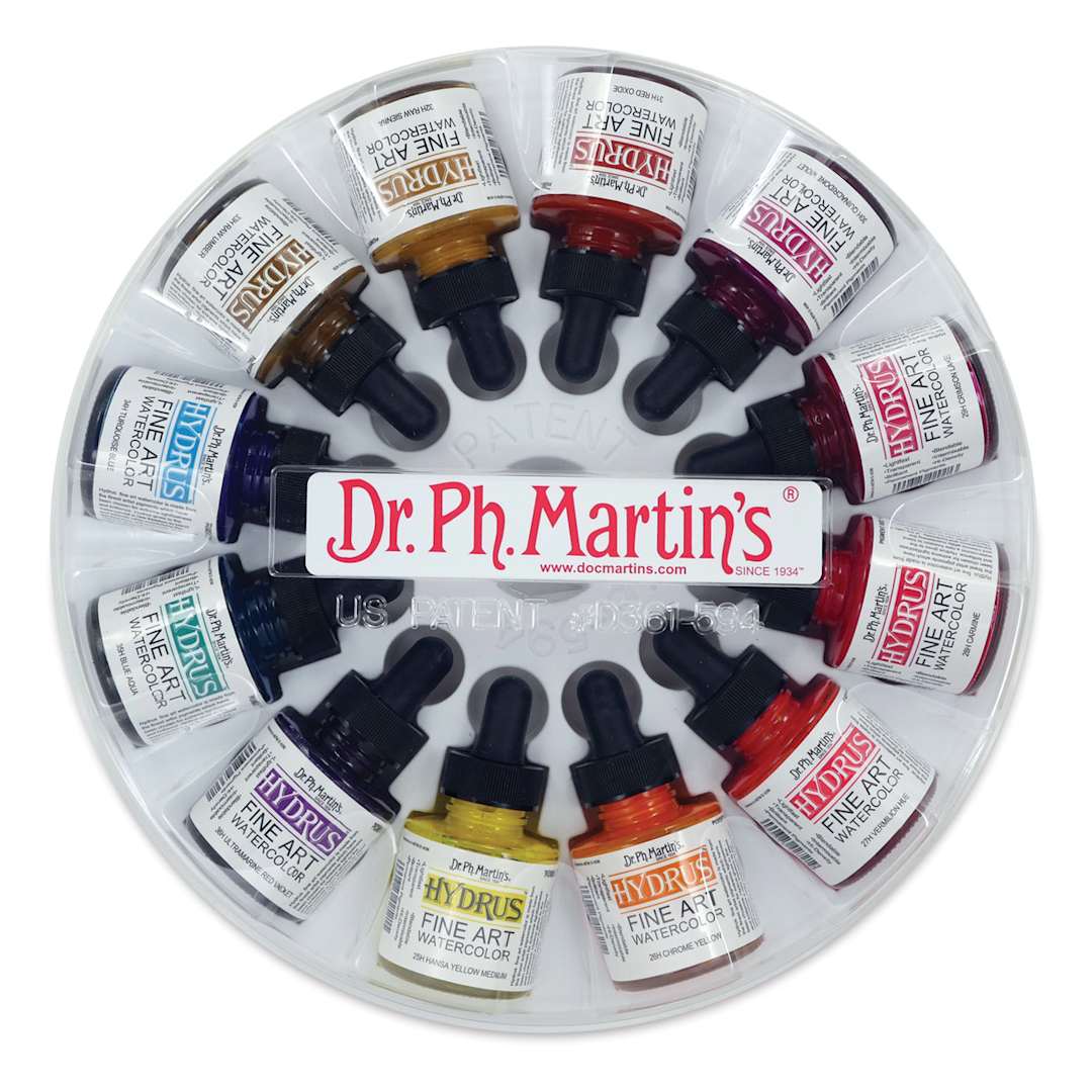Open in modal - Dr. Ph. Martin's Hydrus Fine Art Liquid Watercolors - Set 3, 12 Assorted colors, 1 oz Bottles, Overhead View