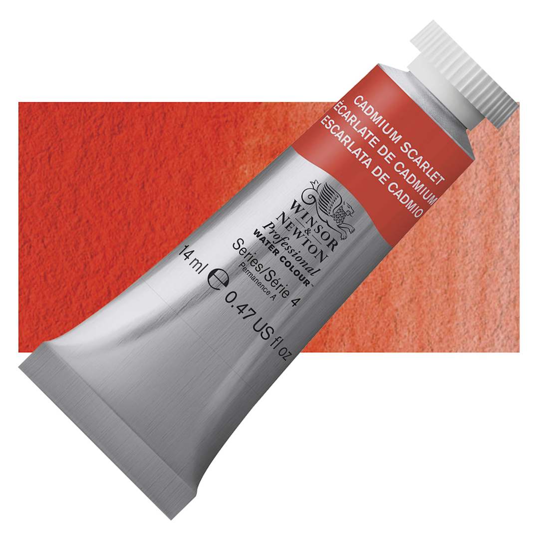 Open in modal - Winsor & Newton Professional Watercolor - Cadmium Scarlet, 14 ml tube and swatch