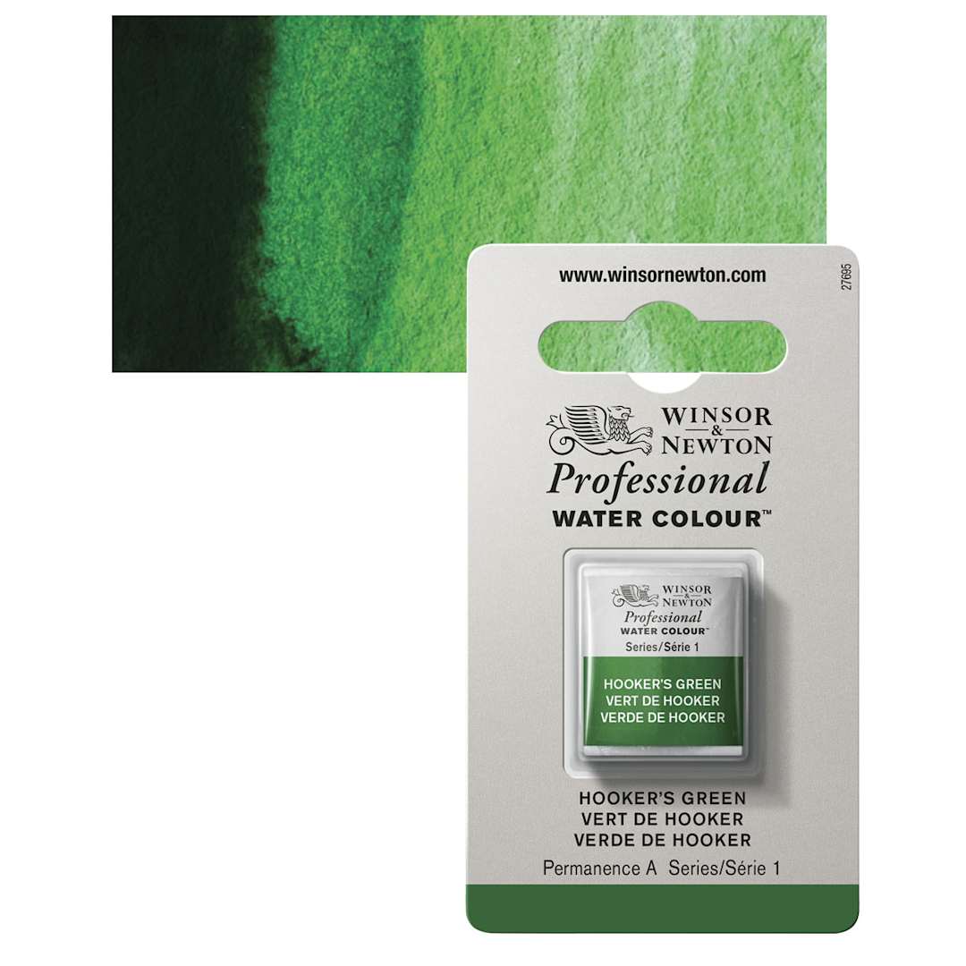 Open in modal - Winsor & Newton Professional Watercolor - Hooker's Green, Half Pan and swatch