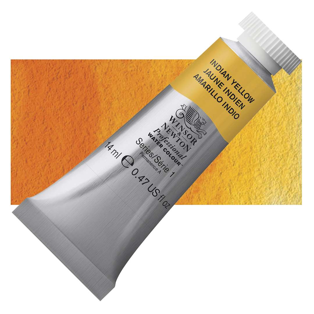 Open in modal - Winsor & Newton Professional Watercolor - Indian Yellow, 14 ml tube and swatch