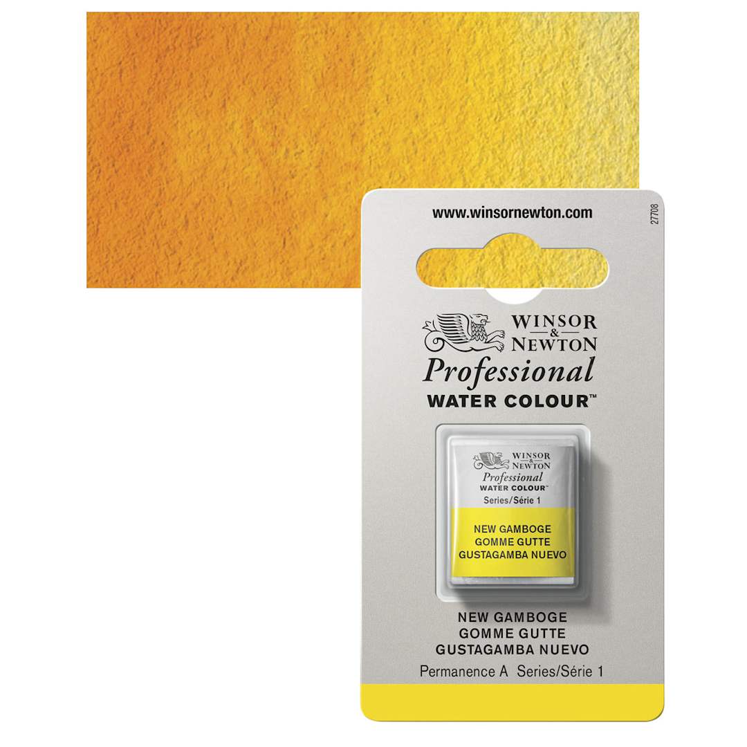 Open in modal - Winsor & Newton Professional Watercolor - New Gamboge, Half Pan and swatch