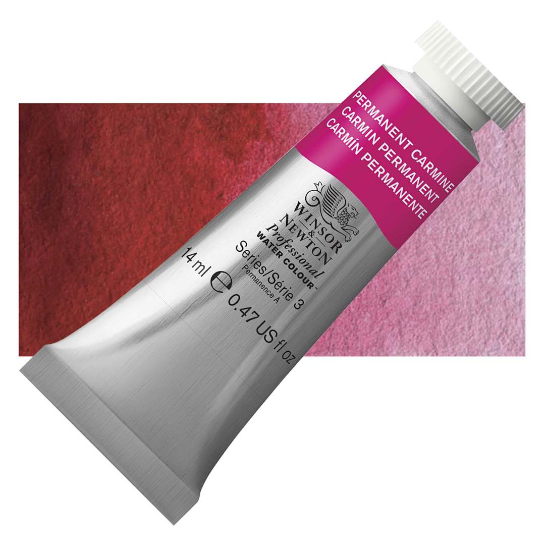 Open in modal - Winsor & Newton Professional Watercolor - Permanent Carmine, 14 ml Tube and swatch