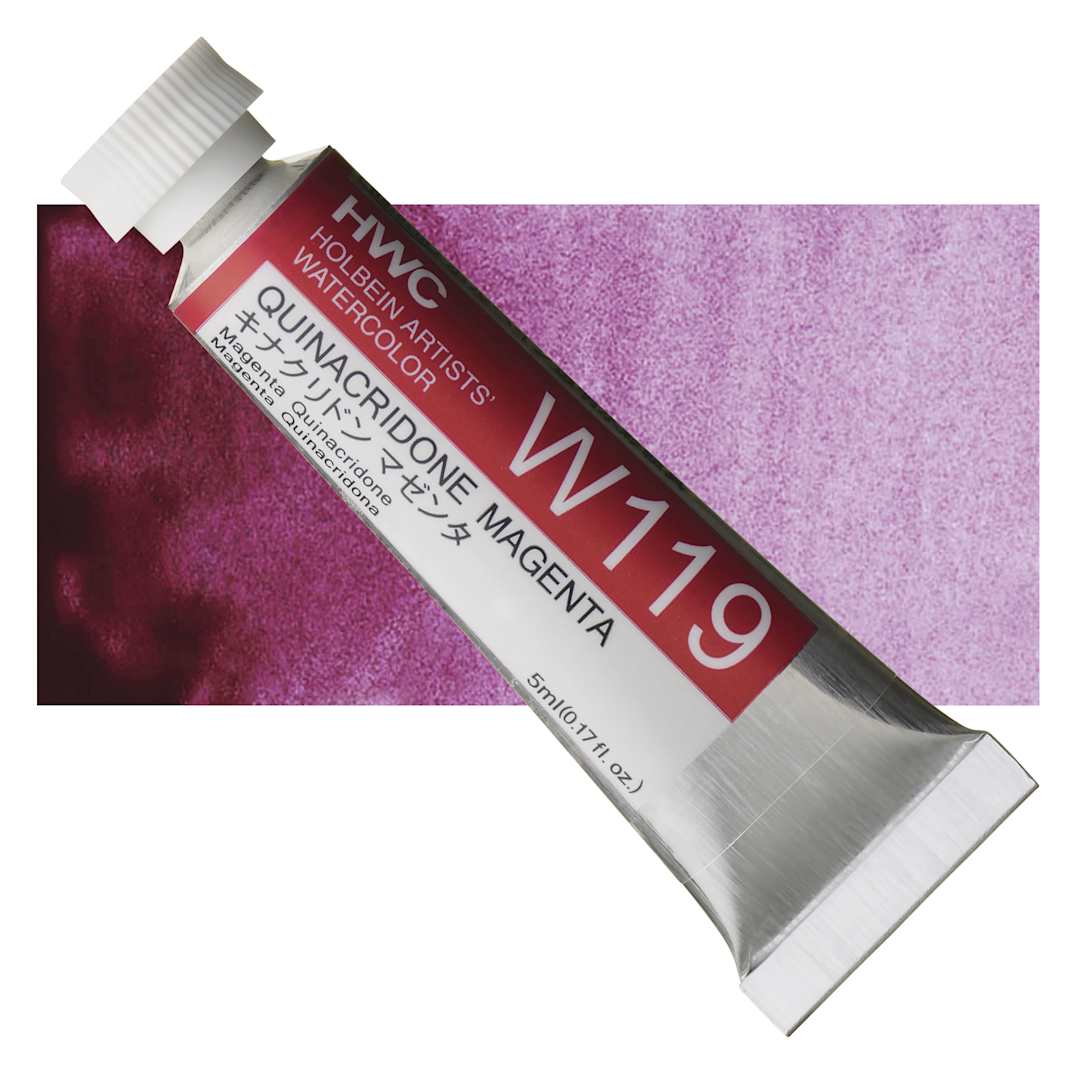 Open in modal - Holbein Artists' Watercolor - Quinacridone Magenta, 5 ml tube and swatch