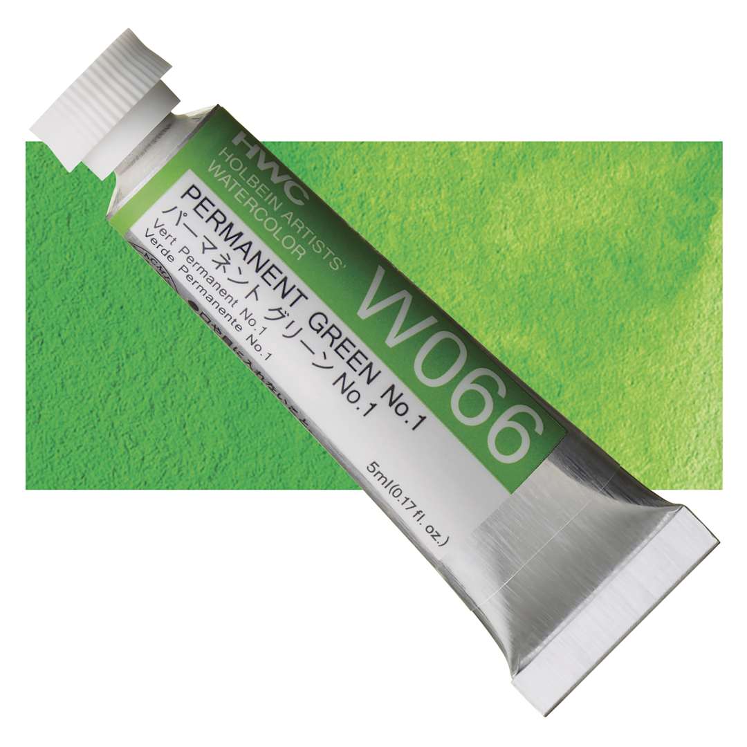 Open in modal - Holbein Artists' Watercolor - Permanent Green 1, 5 ml tube and swatch