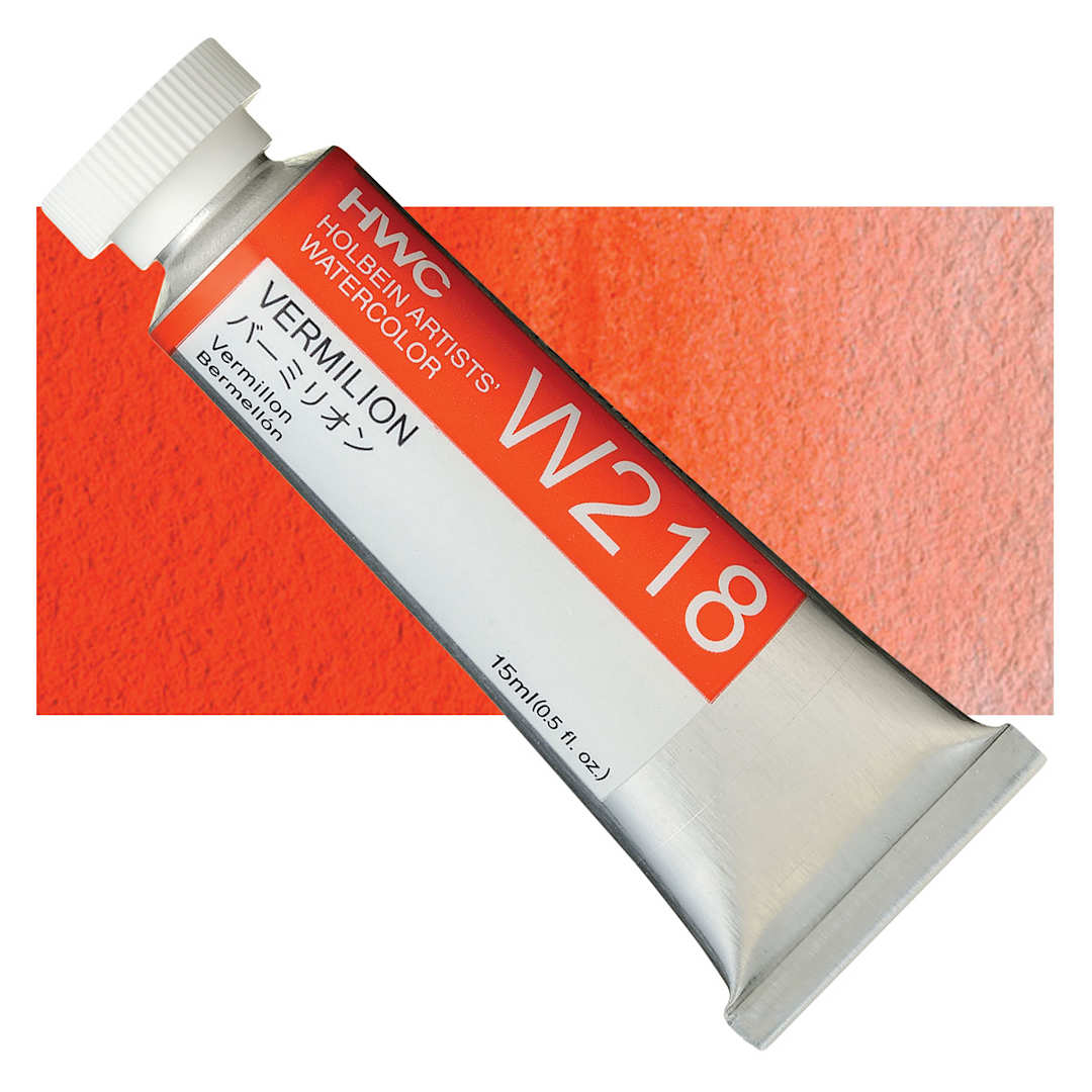 Open in modal - Holbein Artists' Watercolor - Vermilion, 15 ml tube and swatch