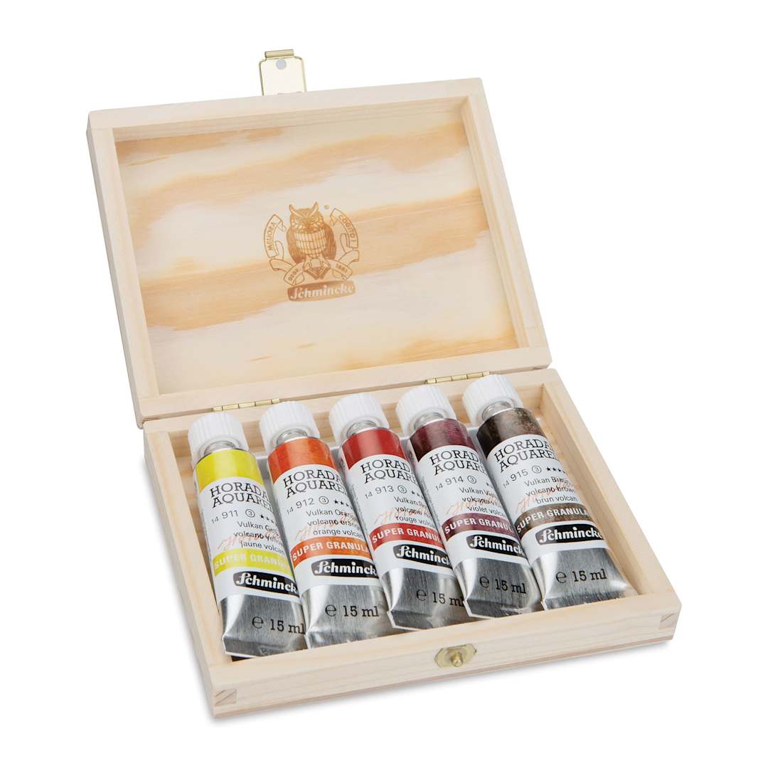 Open in modal - Schmincke Horadam Aquarell Artist Watercolor - Volcano, Supergranulation, Wood Box, Set of 5, 15 ml, Tubes (Tubes in case, Lid open)