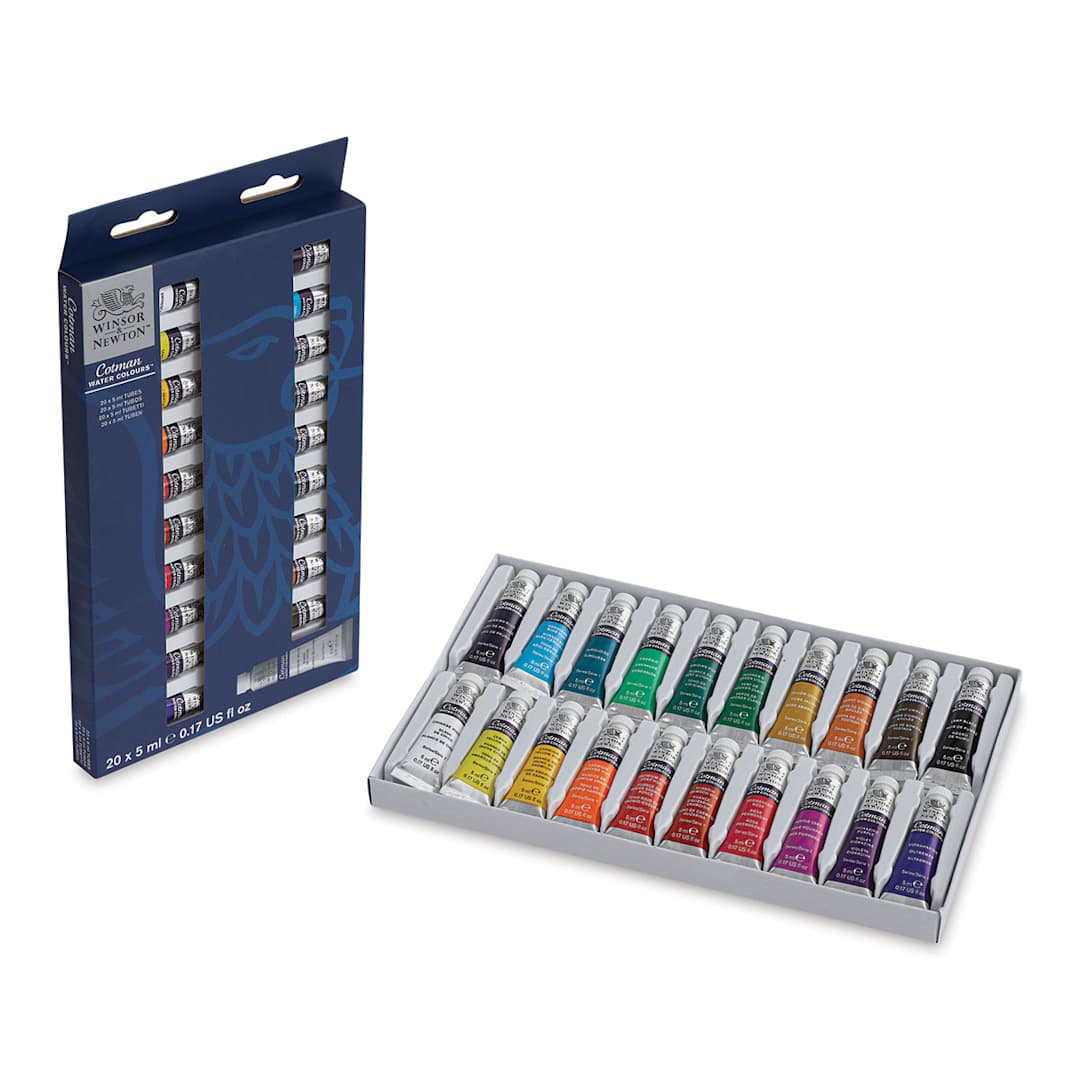 Open in modal - Winsor & Newton Cotman Watercolor Tube Set - Set of 20, Assorted Colors, 5 ml, Tubes (Tubes in tray shown with packaging)