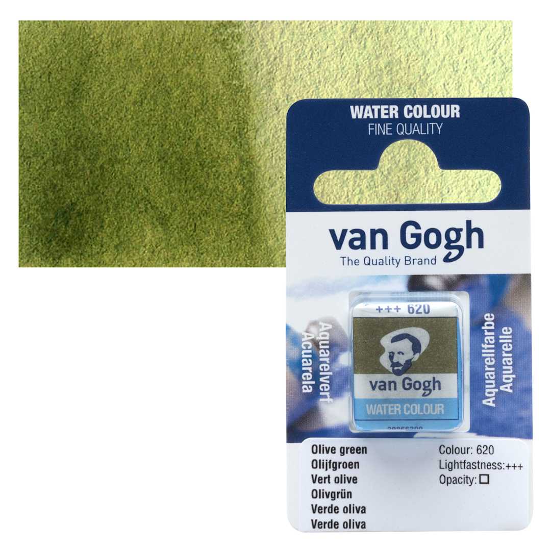 Open in modal - Van Gogh Watercolor Half Pan - Olive Green pan and swatch