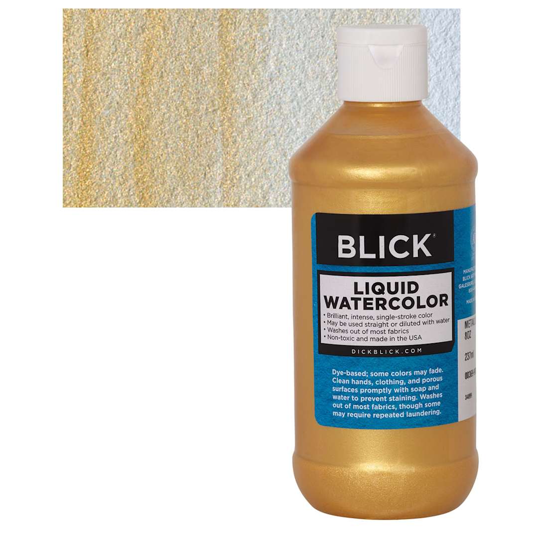 Open in modal - Blick Liquid Watercolor - Metallic Gold, 8 oz bottle and swatch