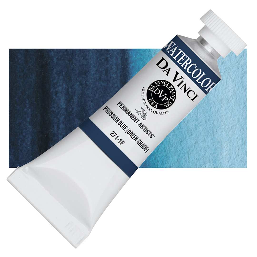 Open in modal - Da Vinci Artists' Permanent Watercolor - Prussian Blue (Green Shade), 15 ml tube and swatch