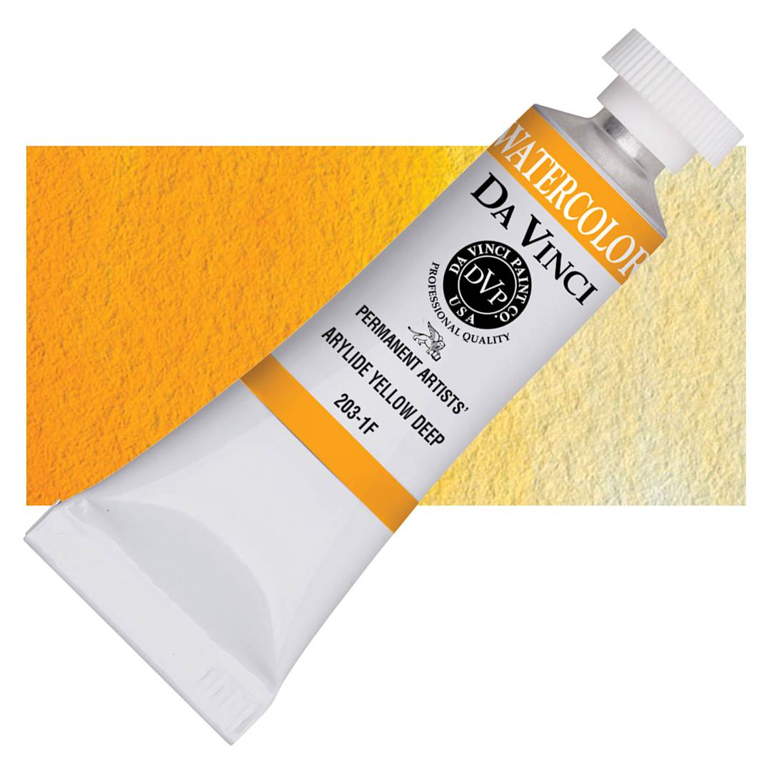 Open in modal - Da Vinci Artists' Permanent Watercolor - Arylide Yellow Deep, 15 ml tube and swatch