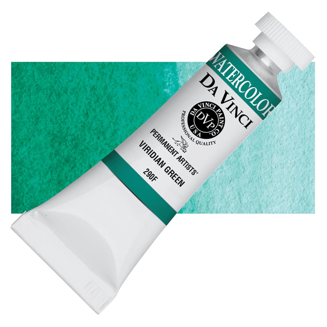 Open in modal - Da Vinci Artists' Permanent Watercolor - Viridian Green, 15 ml tube and swatch