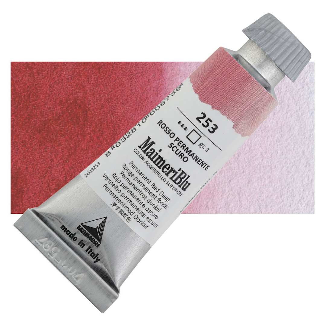 Open in modal - Maimeri Blu Artist Watercolor - Permanent Red Deep, 12 ml Tube and swatch