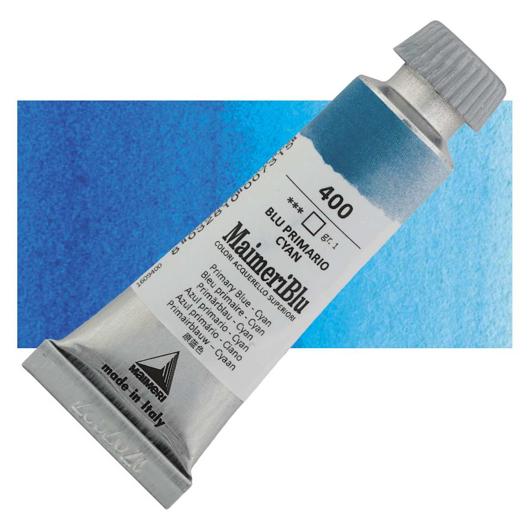 Open in modal - Maimeri Blu Artist Watercolor - Primary Blue Cyan, 12 ml Tube and swatch