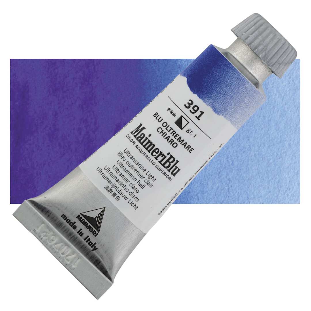 Open in modal - Maimeri Blu Artist Watercolor - Ultramarine Light, 12 ml Tube and swatch