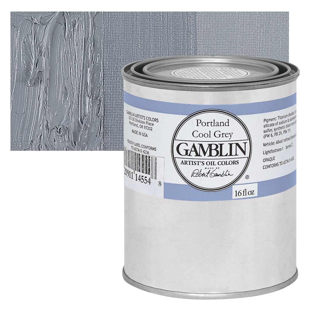 Open in modal - Gamblin Artists' Oil Color - Portland Cool Grey, 16 oz can and swatch