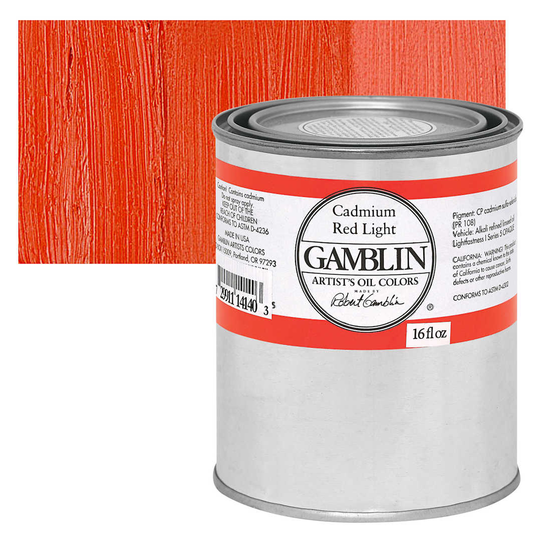 Open in modal - Gamblin Artist's Oil Color - Cadmium Red Light, 16 oz Can and swatch