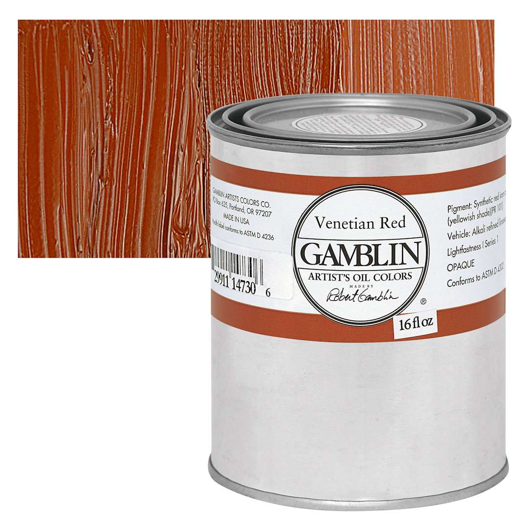 Open in modal - Gamblin Artist's Oil Color - Venetian Red, 16 oz Can and swatch