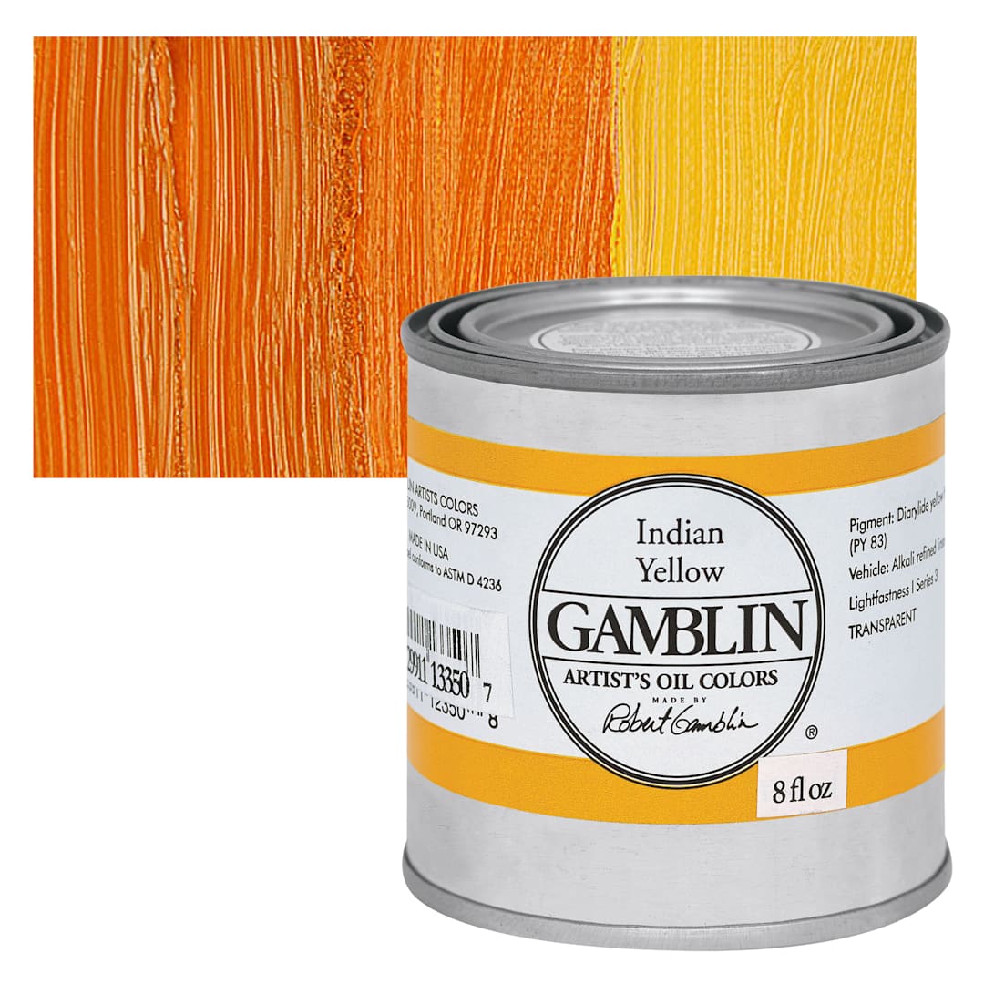 Open in modal - Gamblin Artist's Oil Color - India Yellow, 8 oz Can and swatch