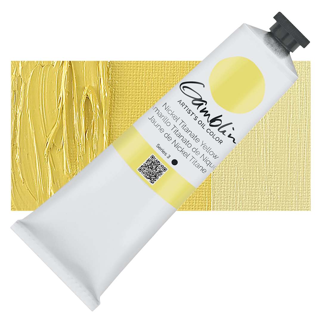 Open in modal - Gamblin Artist's Oil Color - Nickel Titanate Yellow, 150 ml tube and swatch