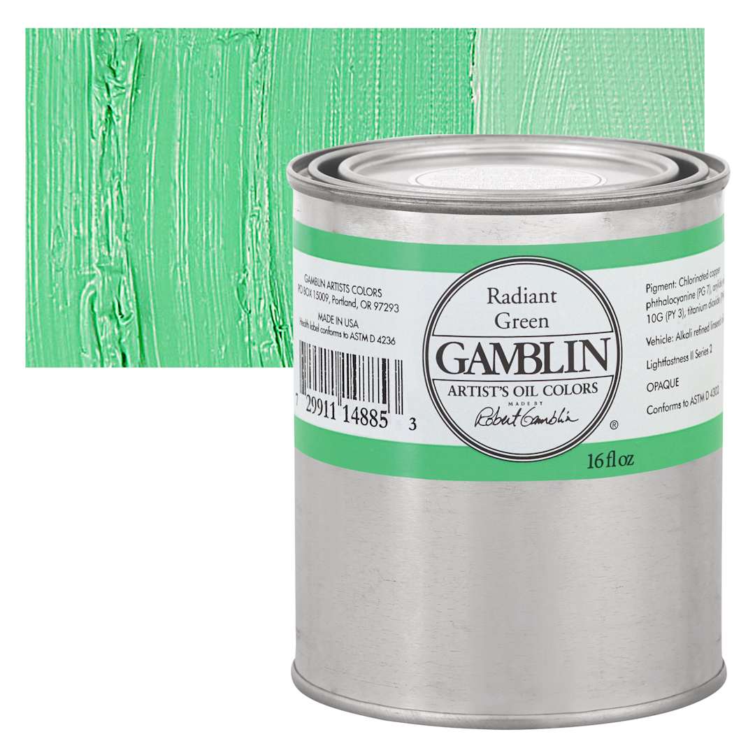 Open in modal - Gamblin Artist's Oil Color - Radiant Green, 16 oz can and swatch