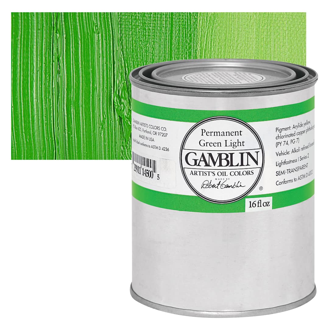 Open in modal - Gamblin Artist's Oil Color - Permanent Green Light, 16 oz can and swatch