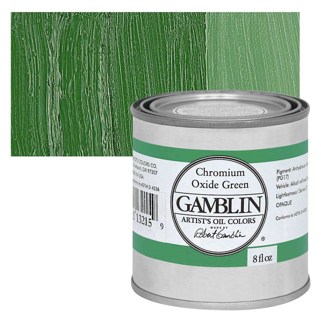 Open in modal - Gamblin Artist's Oil Color - Chromium Oxide Green, 8 oz Can and swatch