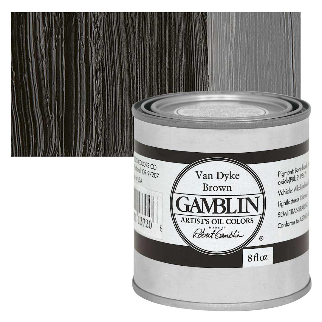 Open in modal - Gamblin Artist's Oil Color - Van Dyke Brown, 8 oz Can and swatch