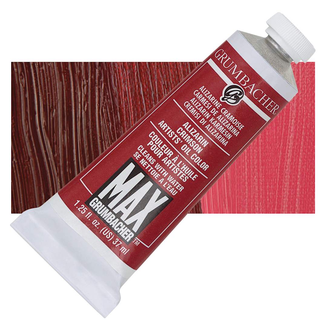 Open in modal - Grumbacher Max Artists' Water Miscible Oil Color - Alizarin Crimson, 37 ml tube and swatch