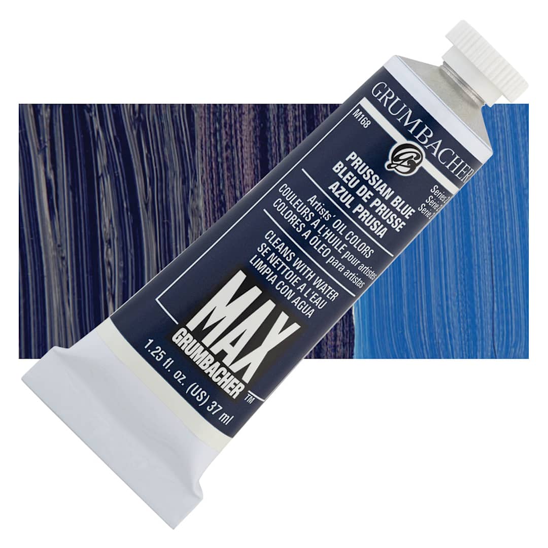 Open in modal - Grumbacher Max Artists' Water Miscible Oil Color - Prussian Blue, 37 ml tube and swatch
