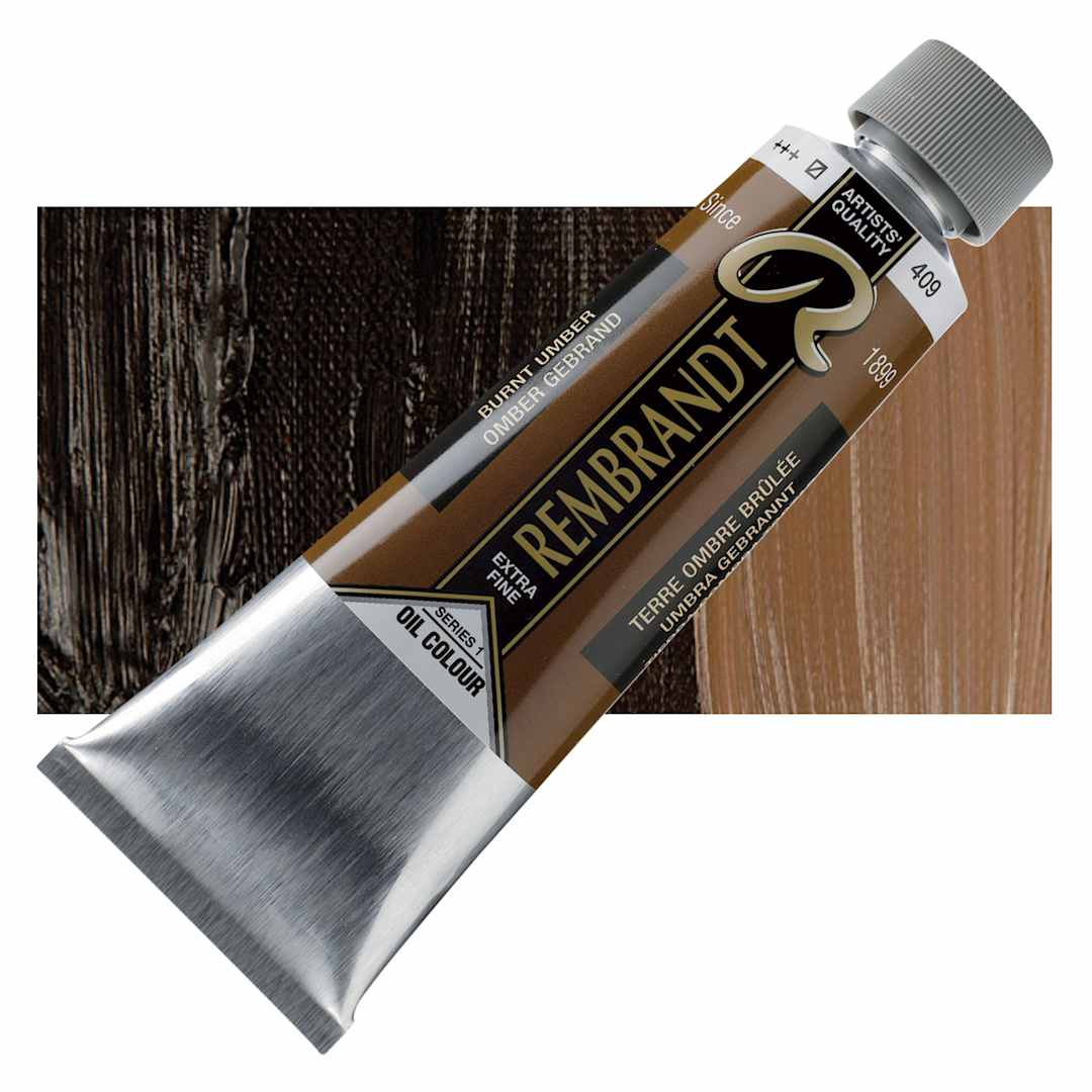 Open in modal - Rembrandt Artists' Oil Color - Burnt Umber, 150 ml tube and swatch
