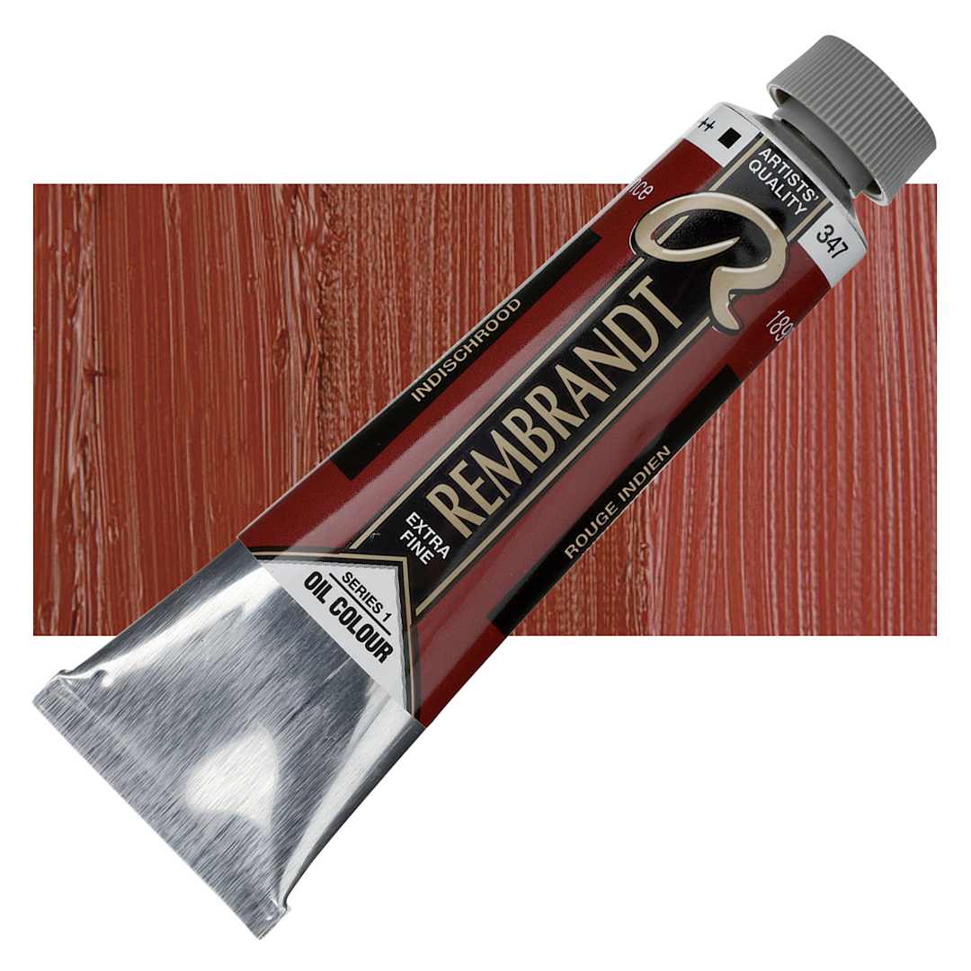 Open in modal - Rembrandt Artists' Oil Color - Indian Red, 40 ml tube and swatch