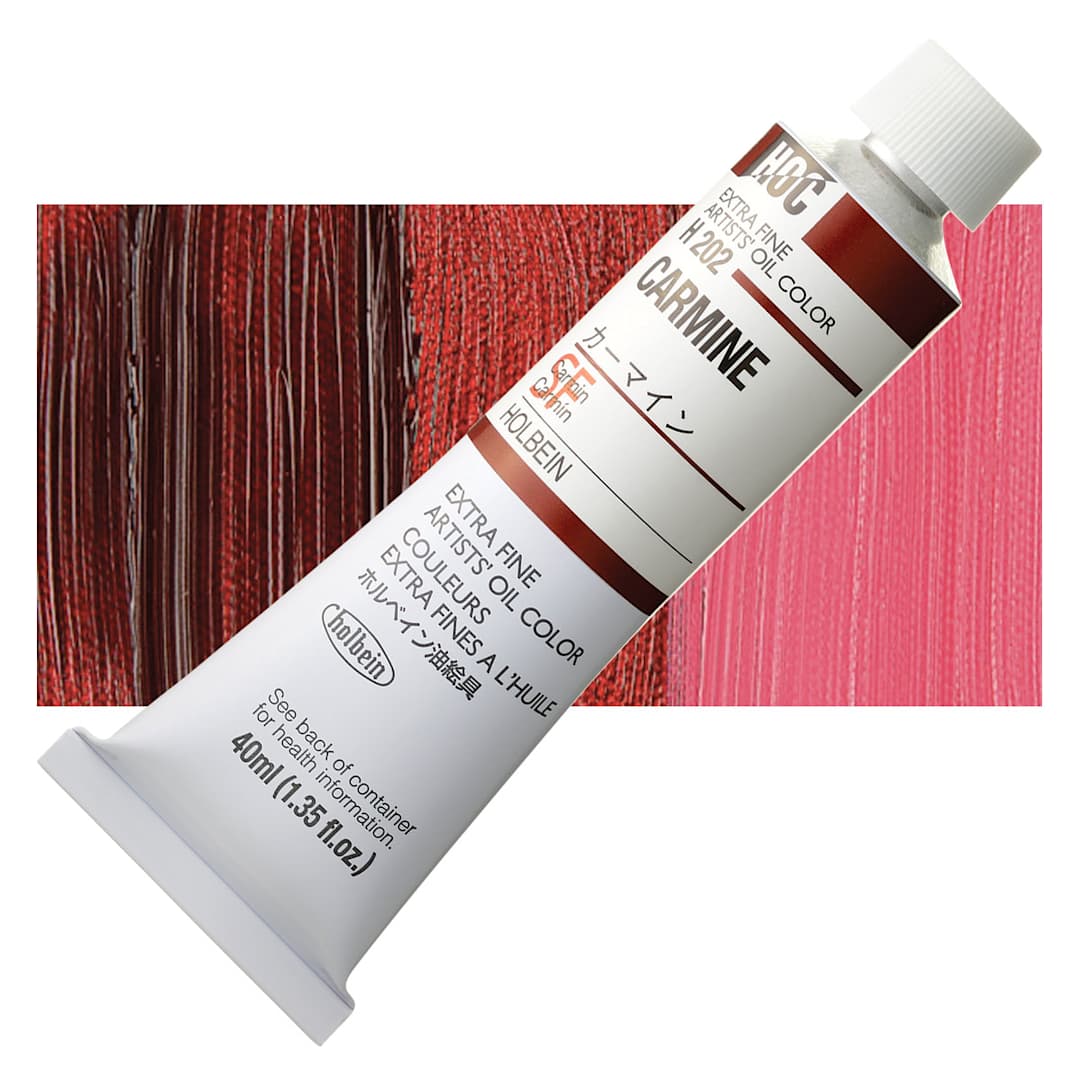 Open in modal - Holbein Artists' Oil Color - Carmine, 40 ml tube and swatch