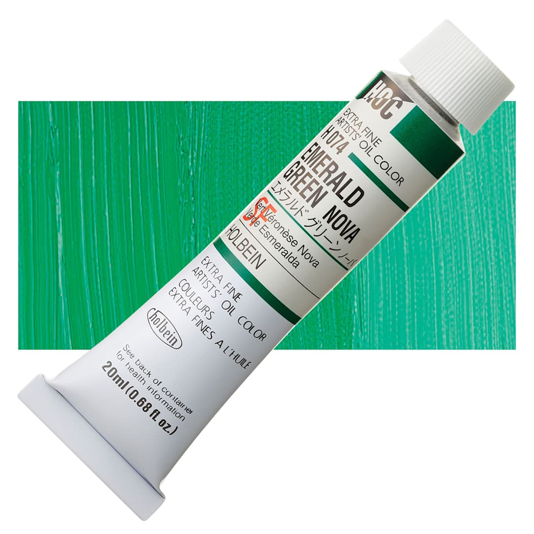 Open in modal - Holbein Artists' Oil Color - Emerald Green Nova, 20 ml tube and swatch